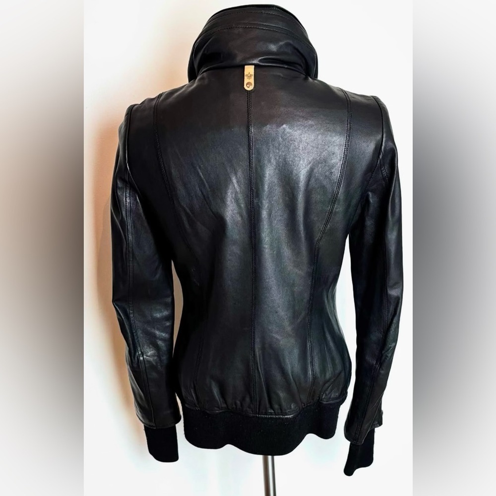 Mackage Black leather jacket with hidden hood in collar size small - Picture 3 of 11